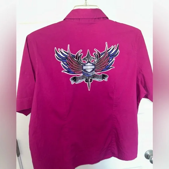 Women’s Harley Davidson Short Sleeve Fuscia Button Up Shirt Size 2W - Picture 1 of 10